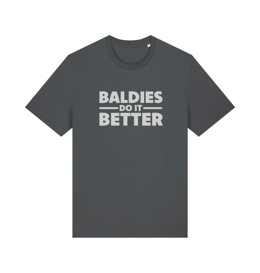 Gray slogan t-shirt with 'Baldies Do It Better' text 