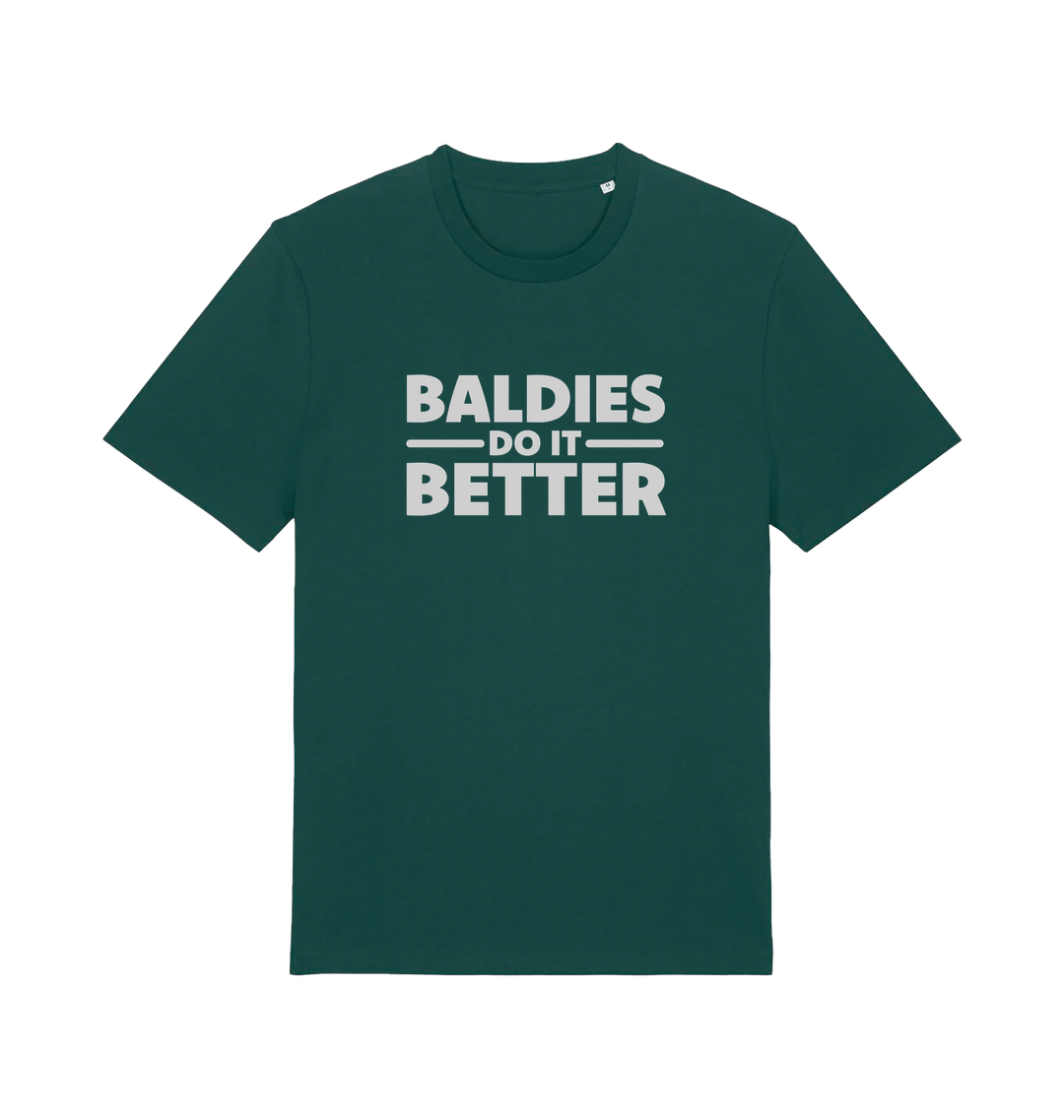 Green slogan t-shirt with 'Baldies Do It Better' text 