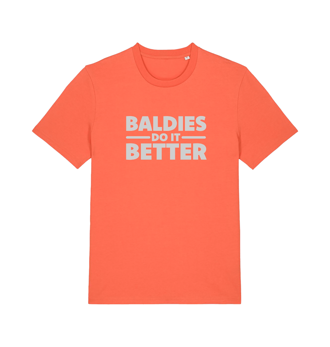 Orange slogan t-shirt with 'Baldies Do It Better' text 