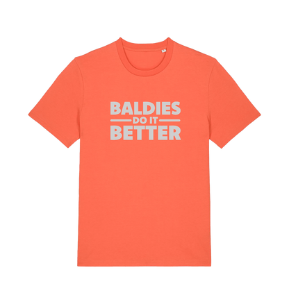 Orange slogan t-shirt with 'Baldies Do It Better' text 