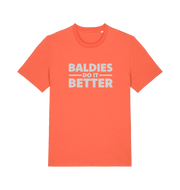 Orange slogan t-shirt with 'Baldies Do It Better' text 
