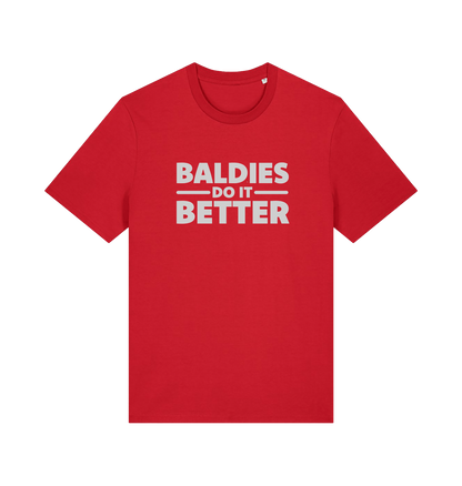 Red slogan t-shirt with 'Baldies Do It Better' text 