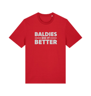Red slogan t-shirt with 'Baldies Do It Better' text 