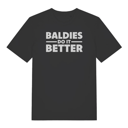black funny slogan t-shirt that reads 'baldies do it better'