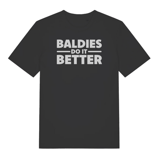 black funny slogan t-shirt that reads 'baldies do it better'