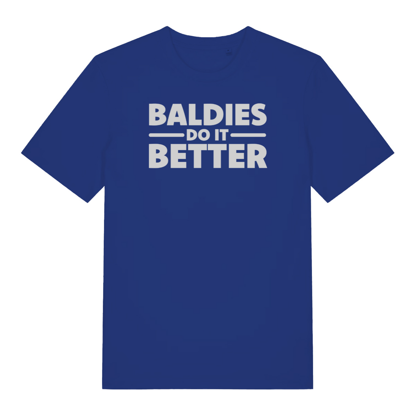 blue funny slogan t-shirt that reads 'baldies do it better'