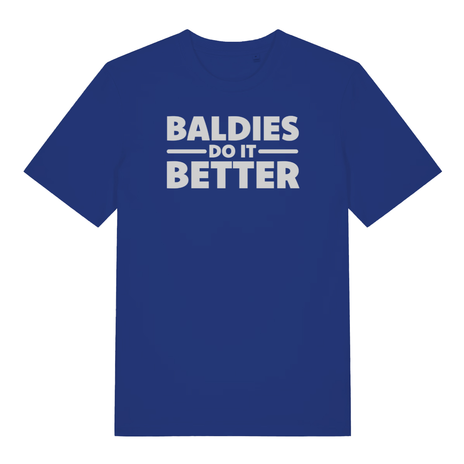 blue funny slogan t-shirt that reads 'baldies do it better'
