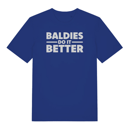 blue funny slogan t-shirt that reads 'baldies do it better'