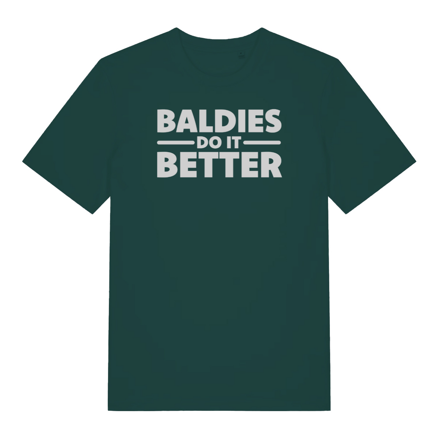 green funny slogan t-shirt that reads 'baldies do it better'