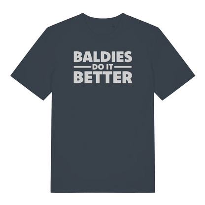 ink grey funny slogan t-shirt that reads 'baldies do it better'