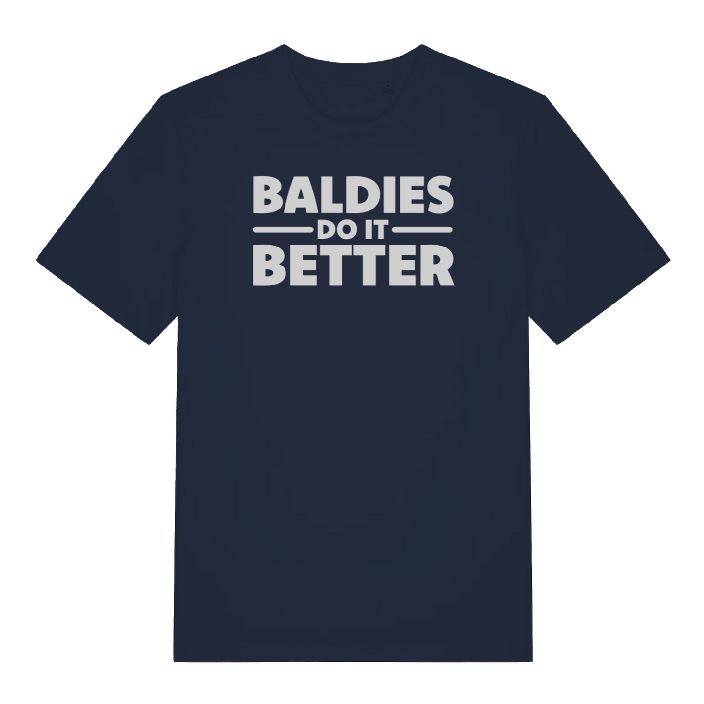 navy funny slogan t-shirt that reads 'baldies do it better'