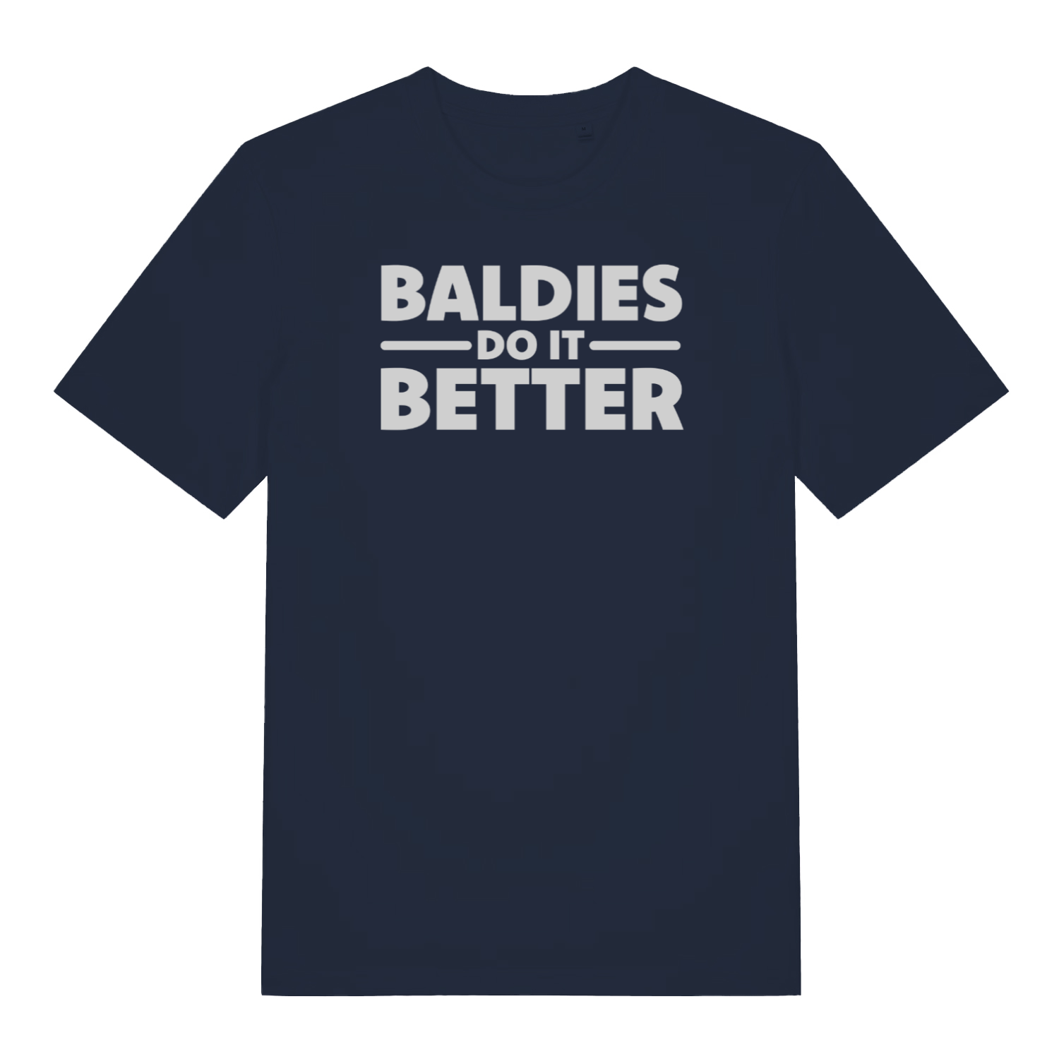 navy funny slogan t-shirt that reads 'baldies do it better'