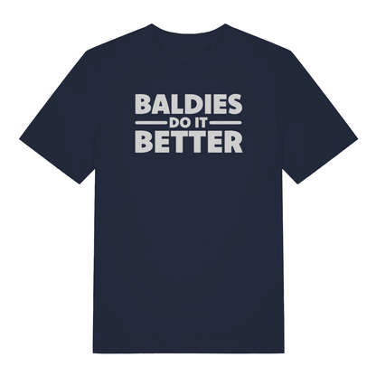 navy funny slogan t-shirt that reads 'baldies do it better'