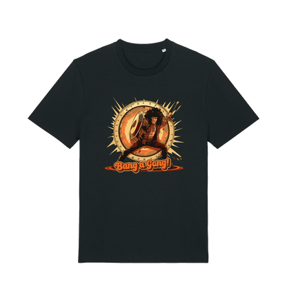 Black music t-shirt with a graphic design featuring a person with a drum and 'Bang a Gong!' 