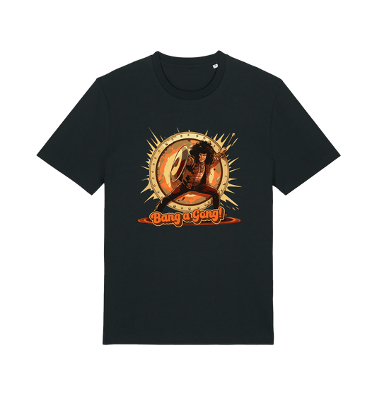 Black music t-shirt with a graphic design featuring a person with a drum and 'Bang a Gong!' 