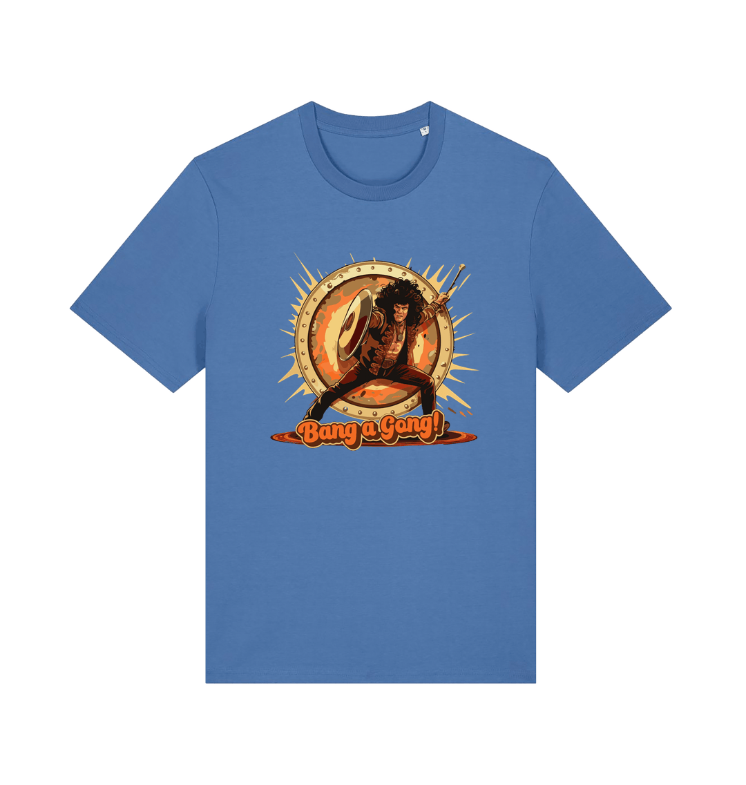 Blue music t-shirt with a graphic design featuring a person with a drum and 'Bang a Gong!' 
