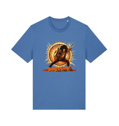 Blue music t-shirt with a graphic design featuring a person with a drum and 'Bang a Gong!' 