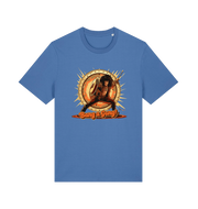 Blue music t-shirt with a graphic design featuring a person with a drum and 'Bang a Gong!' 