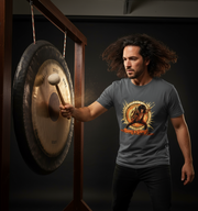 Man wearing a t-shirt with a gong design, holding a gong and mallet.