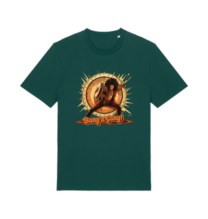 Green music t-shirt with a graphic design featuring a person with a drum and 'Bang a Gong!' 