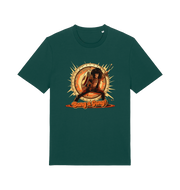 Green music t-shirt with a graphic design featuring a person with a drum and 'Bang a Gong!' 