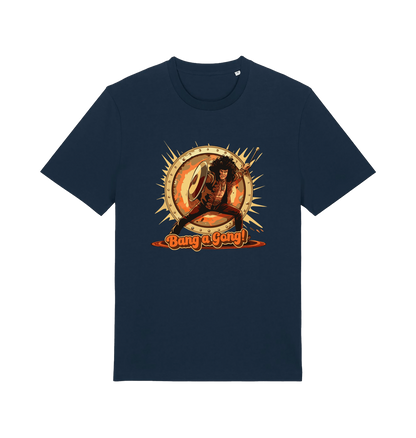 Navy music t-shirt with a graphic design featuring a person with a drum and 'Bang a Gong!' 