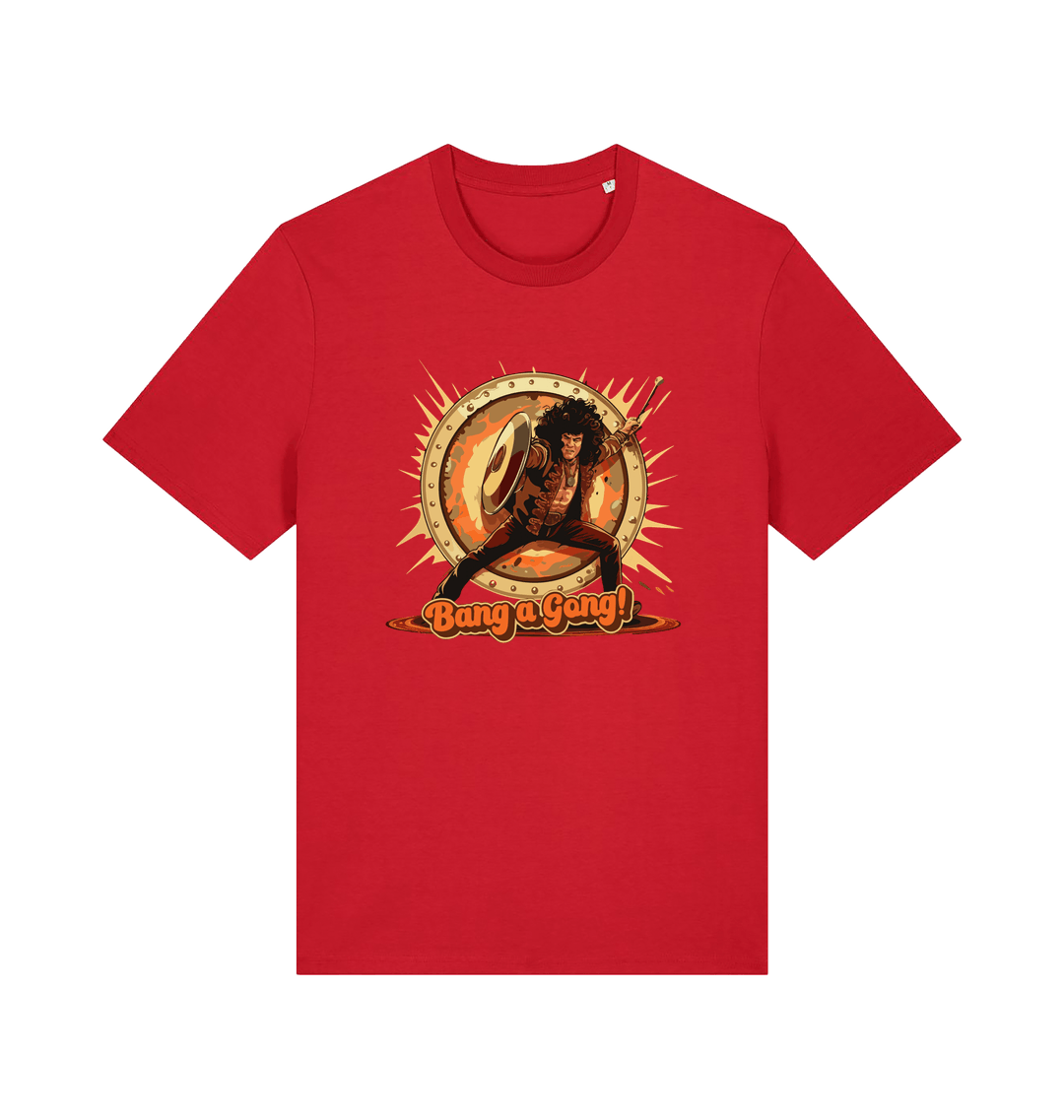 Red music t-shirt with a graphic design featuring a person with a drum and 'Bang a Gong!' 