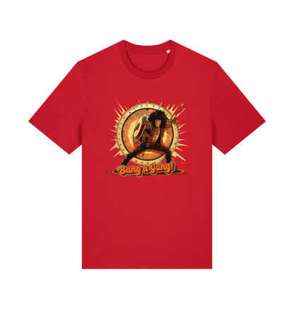 Red music t-shirt with a graphic design featuring a person with a drum and 'Bang a Gong!' 