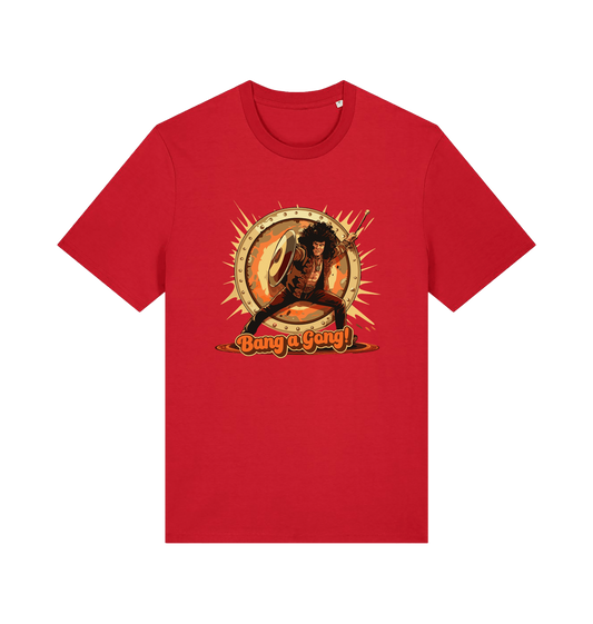 Red music t-shirt with a graphic design featuring a person with a drum and 'Bang a Gong!' 
