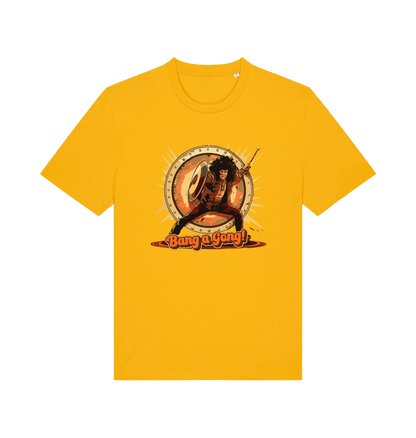 Yellow music t-shirt with a graphic design featuring a person with a drum and 'Bang a Gong!' 