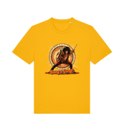 Yellow music t-shirt with a graphic design featuring a person with a drum and 'Bang a Gong!' 