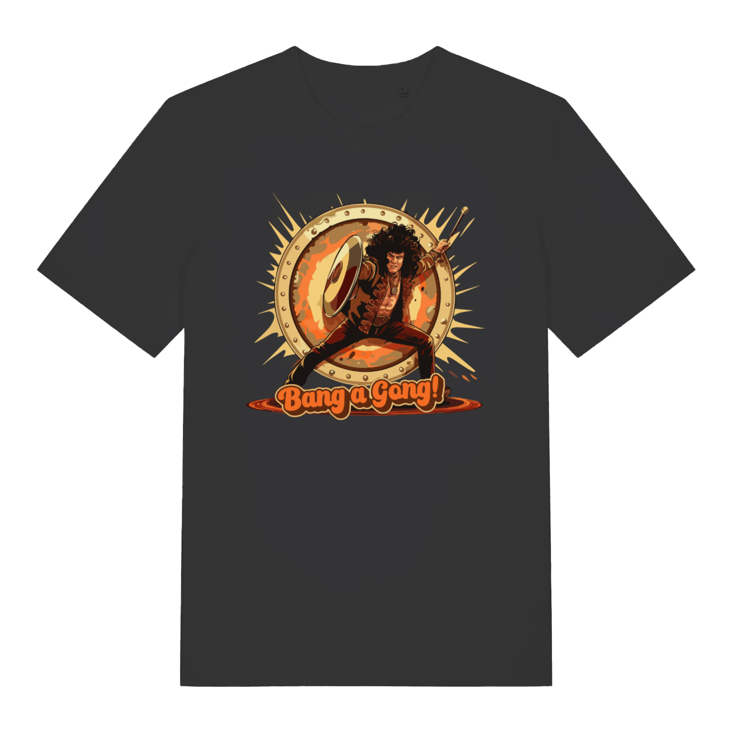 black women's music t-shirt with the graphic of a man banging a gong and the slogan 'bang a gong'