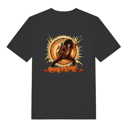 black women's music t-shirt with the graphic of a man banging a gong and the slogan 'bang a gong'