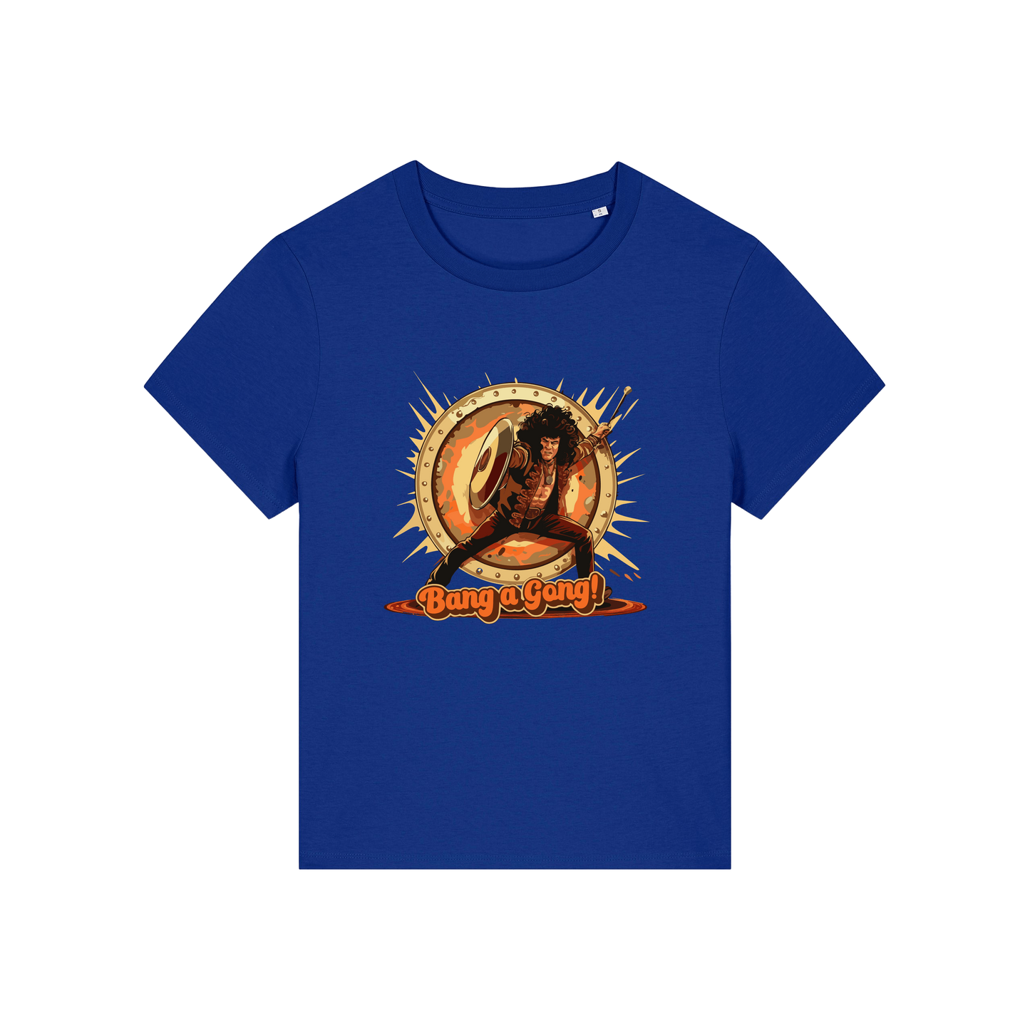 blue music t-shirt with the graphic of a man and the slogan 'bang a gong' inspired by an iconic 1970's band