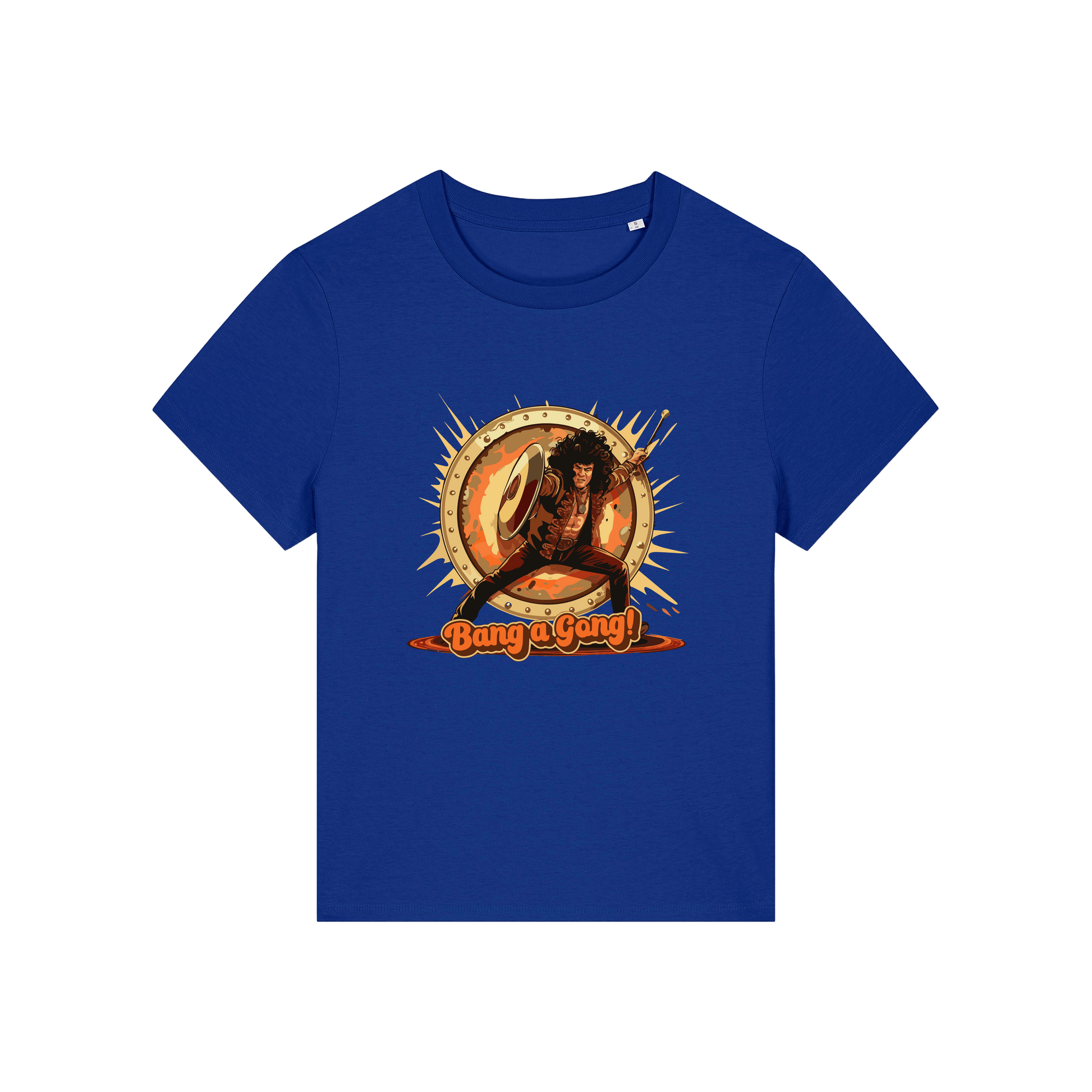 blue music t-shirt with the graphic of a man and the slogan 'bang a gong' inspired by an iconic 1970's band