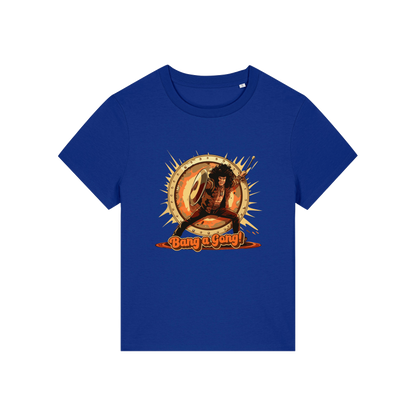 blue music t-shirt with the graphic of a man and the slogan 'bang a gong' inspired by an iconic 1970's band