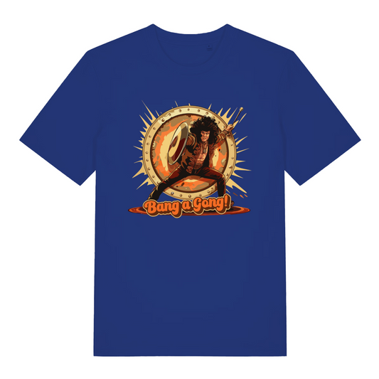 blue women's music t-shirt with the graphic of a man banging a gong and the slogan 'bang a gong'