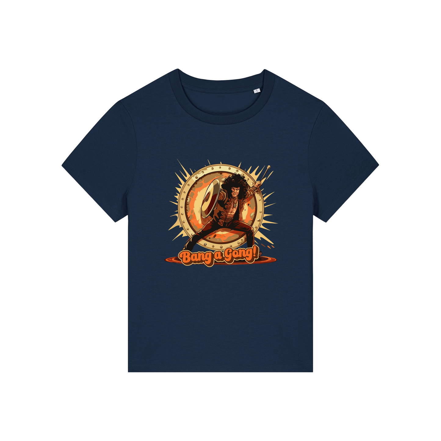 navy music t-shirt with the graphic of a man and the slogan 'bang a gong' inspired by an iconic 1970's band