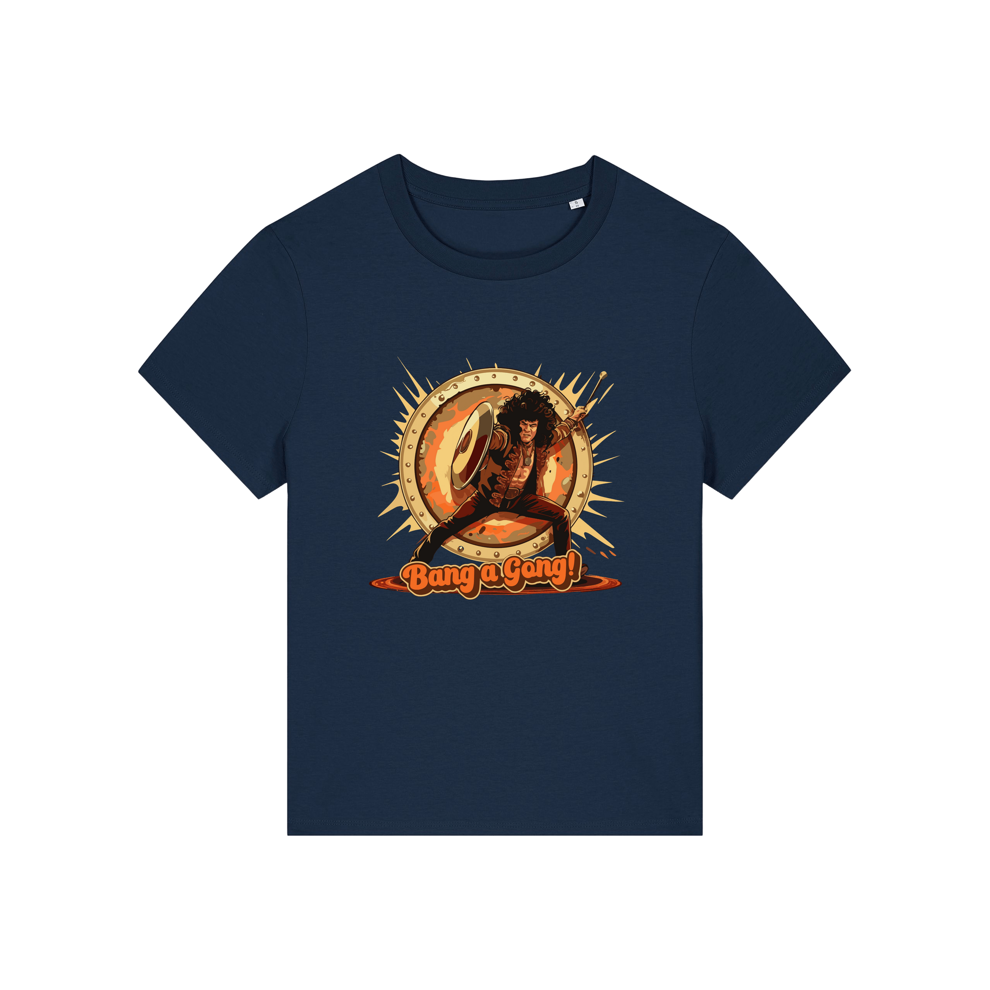 navy music t-shirt with the graphic of a man and the slogan 'bang a gong' inspired by an iconic 1970's band