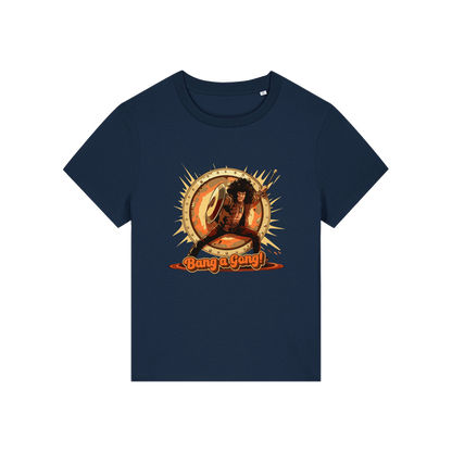 navy music t-shirt with the graphic of a man and the slogan 'bang a gong' inspired by an iconic 1970's band
