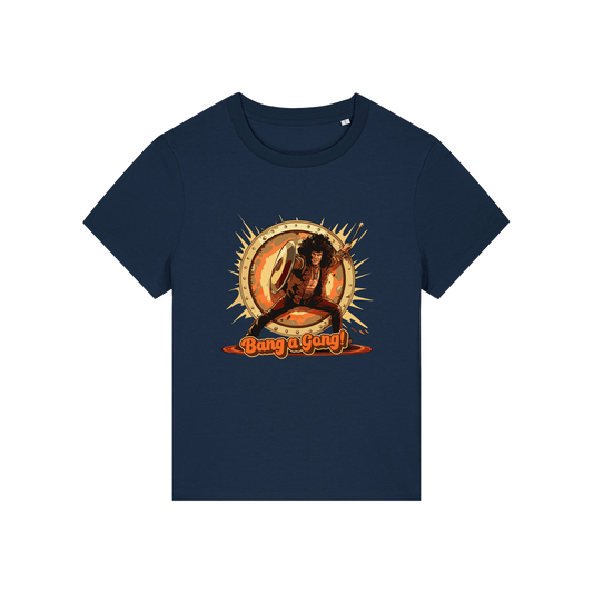 navy music t-shirt with the graphic of a man and the slogan 'bang a gong' inspired by an iconic 1970's band