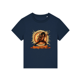 navy music t-shirt with the graphic of a man and the slogan 'bang a gong' inspired by an iconic 1970's band
