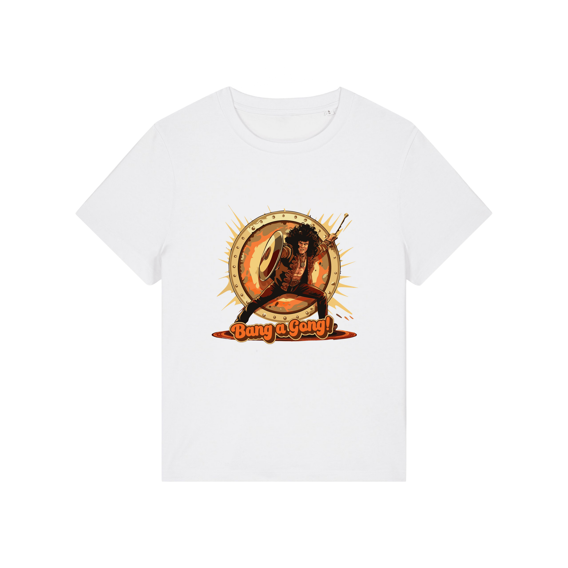 white music t-shirt with the graphic of a man and the slogan 'bang a gong' inspired by an iconic 1970's band