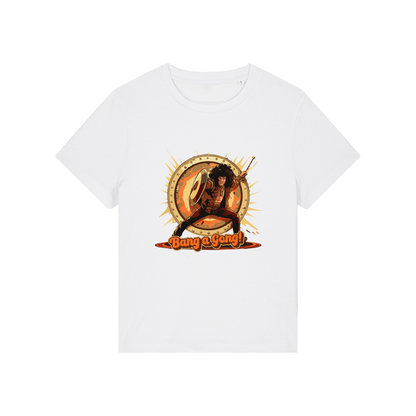 white music t-shirt with the graphic of a man and the slogan 'bang a gong' inspired by an iconic 1970's band