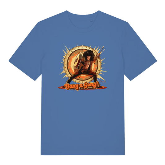 bright blue music t-shirt with a graphic design featuring a warrior and 'Bang a Gong!' text 