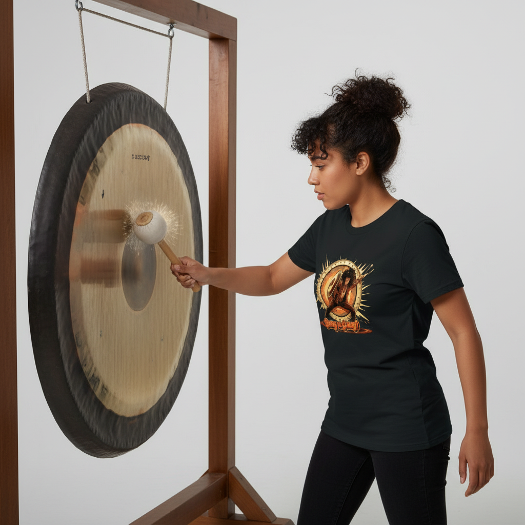 woman wearing a graphic t-shirt whilst banging a gong