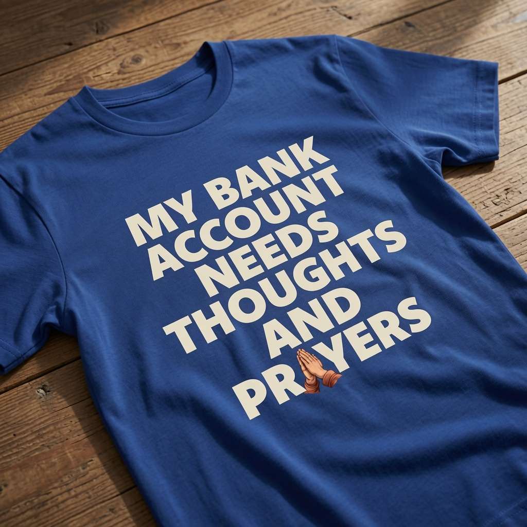 Blue My Bank Account Needs Thoughts and Prayers t-shirt on wood, funny witty bank slogan tee