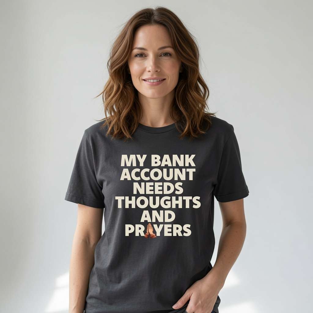 Woman in dark grey My Bank Account Needs Thoughts and Prayers tee, funny humorous money statement gift