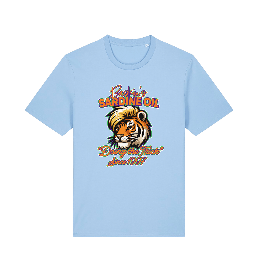 Light blue funny t-shirt with a graphic of a tiger inspired by the tiger king