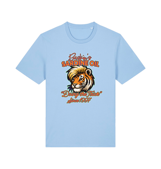 Light blue funny t-shirt with a graphic of a tiger inspired by the tiger king